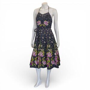 Vintage European Cotton Halter Wrap Dress Navy Floral Midi * Medium